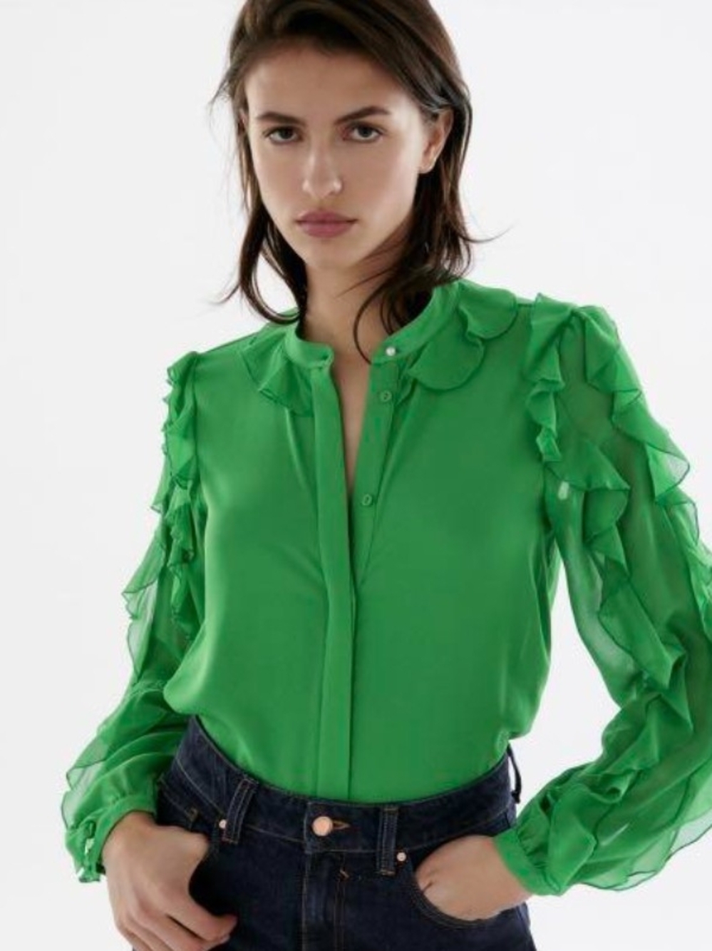 Zara Bright Green Ruffle-Trim Blouse